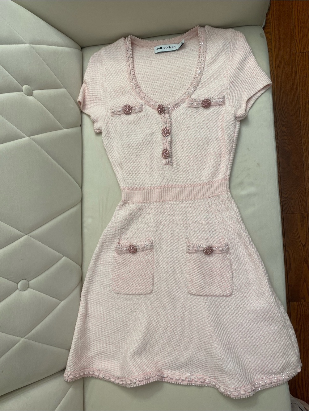 Self-Portrait Women's Light Pink Knit A-Line Dress with Pocket Details